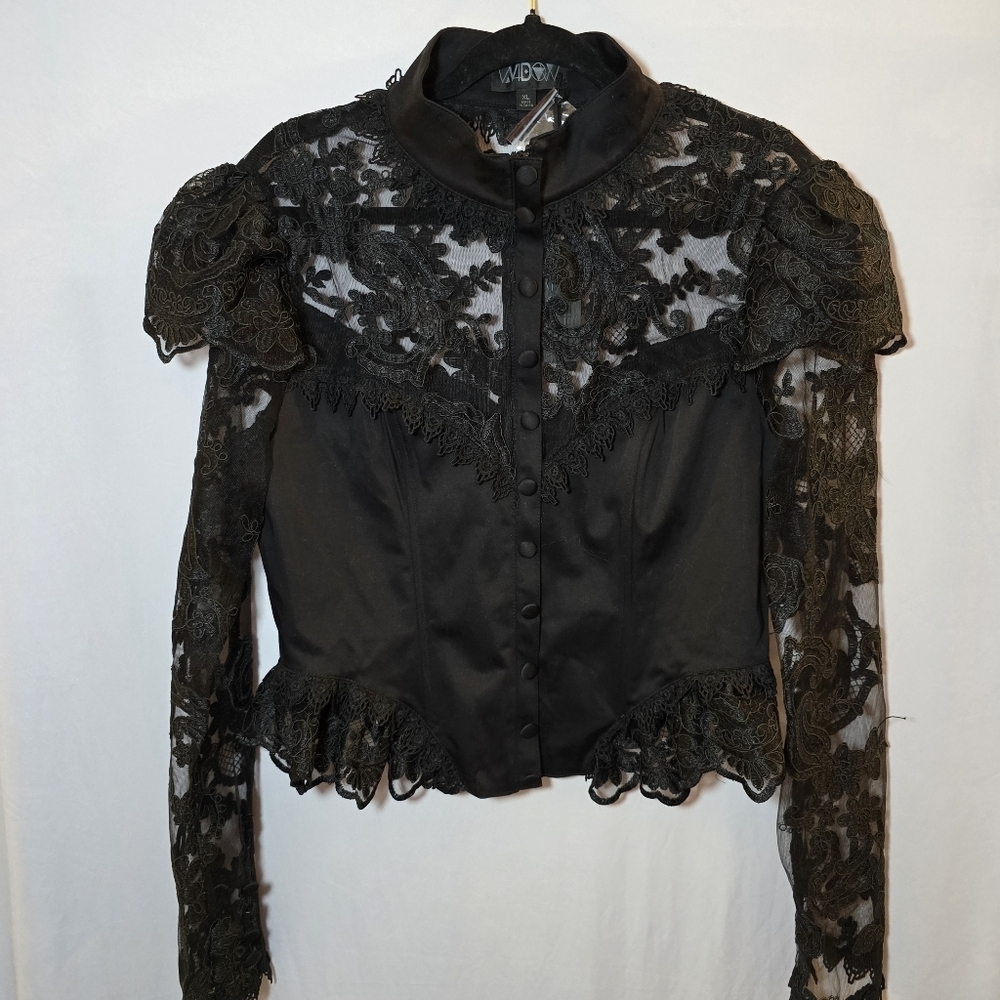 NWT Dolls Kill Widow Black Lace Victorian Goth Vampy High Collar Faux Button XL - Picture 2 of 13